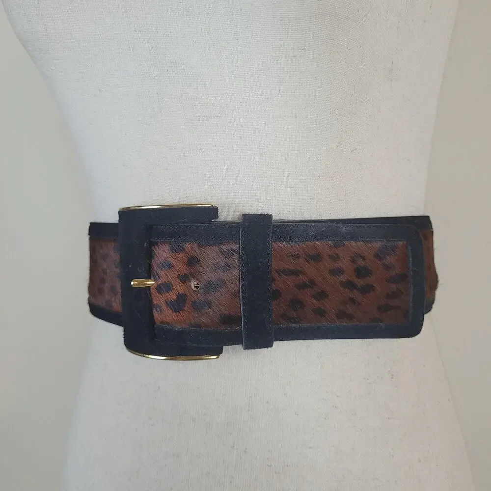 Vintage Echo Belt Medium Brown Leather Wide Leopard Print Waist Statement